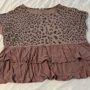 LA MIEL Animal Print Ruffle Top - Brown. Size M